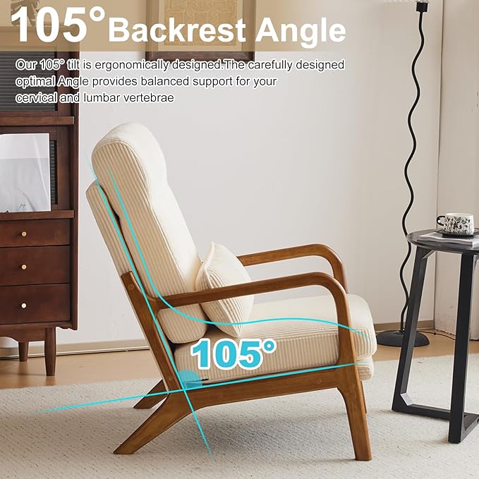 Karl home Mid-Century Modern Accent Chair Living Room Chairs with Pillow High Back Corduroy Upholstered Lounge Armchair with Solid Wood Frame &amp Soft Cushion for Bedroom Reading Room Beige
