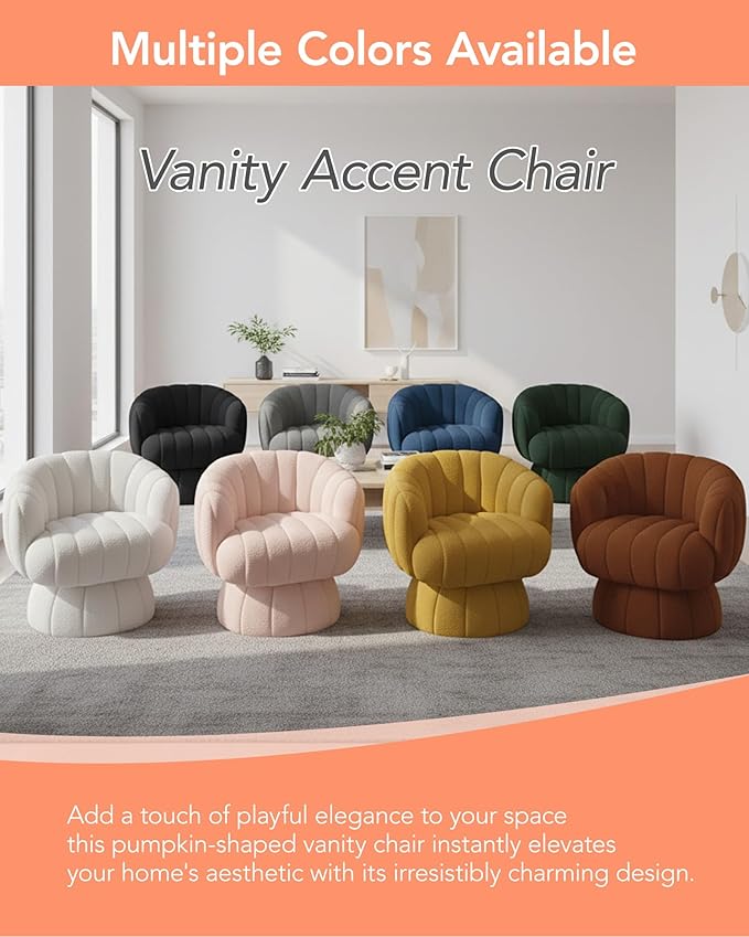 Vanity 360-Degree Swivel Accent Chair - Mid Century Modern Plush Round Makeup Chair Relaxing Comfy Lounge Sofa Arm Chairs Idear for Living Room Bedroom (Beige Velvet Fabric)