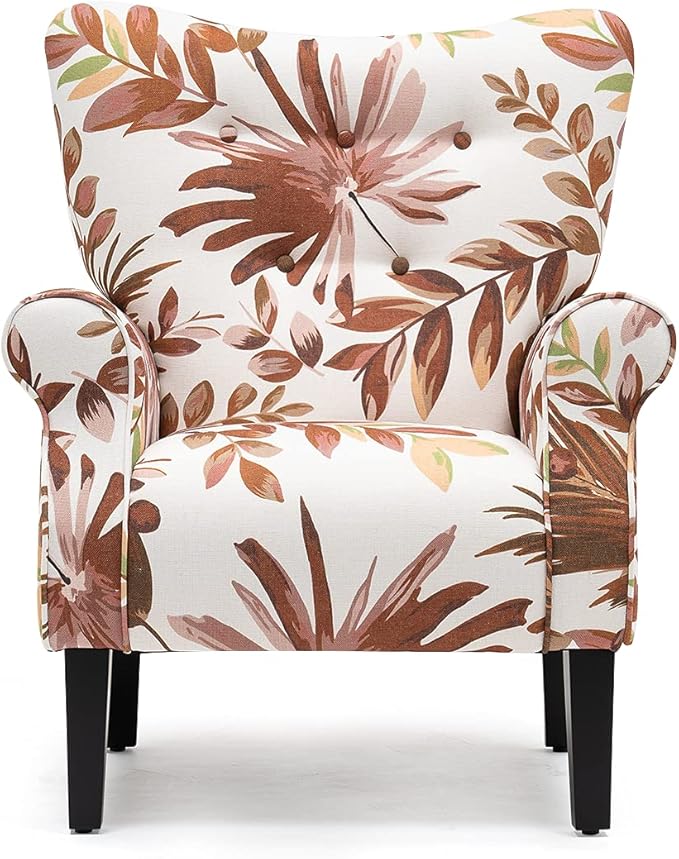 YOLENY Mid Century Wingback Arm ChairModern Upholstered Fabric High Back Accent Chair with Wood LegsUpholstered Single Sofa Club Chair for Living Room Bedroom Home OfficeRed Leaves