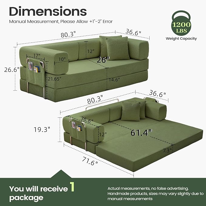 Cloud Sofa for Small Living Room - Trendy Multifunctional Foldable Extendable Storage Couch Bed Cream White Striped Fabric Space-Saving Convertible Furniture for Living Room (Olive Green 80.15)