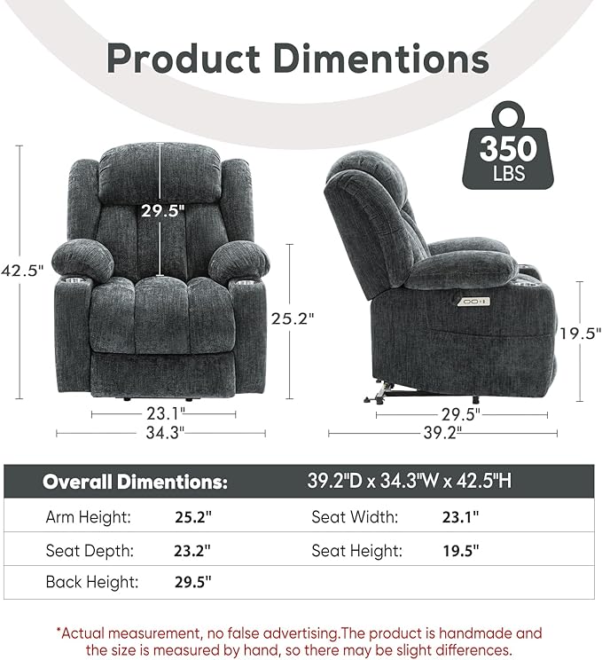 ABCASA Large Power Lift Chairs Recliners for Elderly with Heat ＆ Massage Upgraded Chenille Recliners USB-A ＆ C Cup Holder Side Pocket Grey Blue