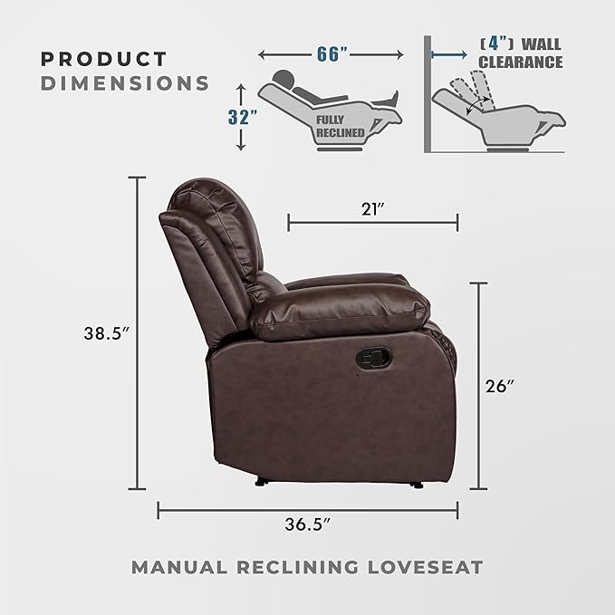 Lexicon Humphreys Loveseat Recliner - Soft Faux Leather Double Reclining Sofa Manual Pull Tab Wall Hugger High-Density Foam Solid Wood Frame Easy Assembly 62.5 W Living Room RV - Brown