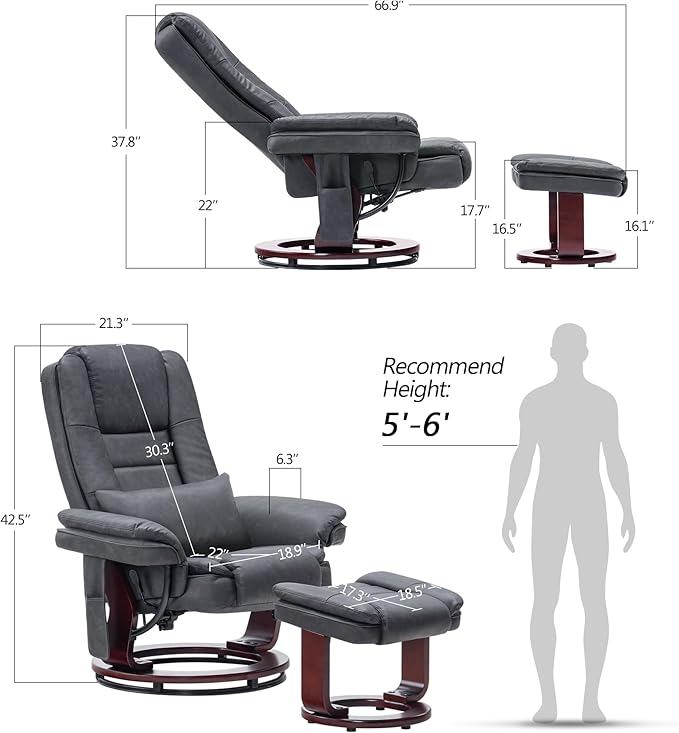 MCombo Swivel Recliner with Ottoman Chair TV Chair Sets with Vibration Massage for Small Space Living Room Bedroom 9096 9099 (Faux Leather Dark Grey)