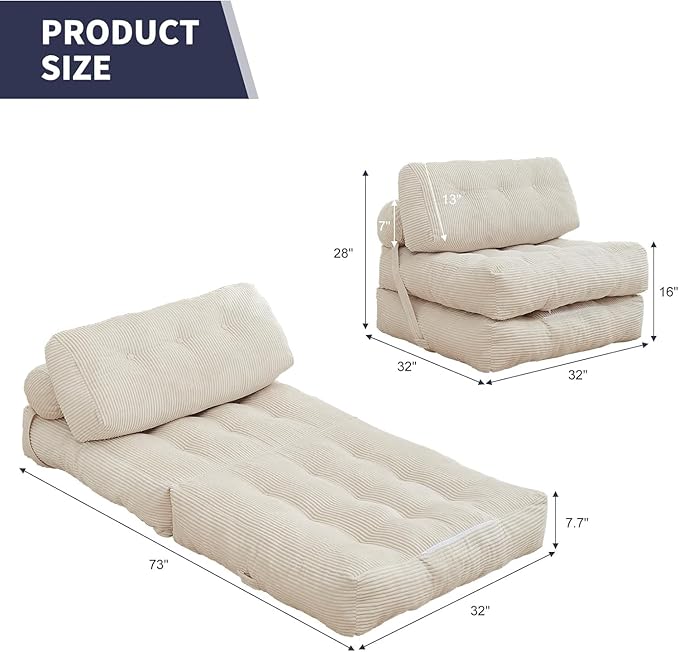 ijuicy Folding Sofa BedCorduroy Futon Sofa Bed Convertible Sleeper Chair with Pillow Foldable Mattress with Back Support Floor Couch for Adults for Living RoomNo Assembly（Beige/Single）