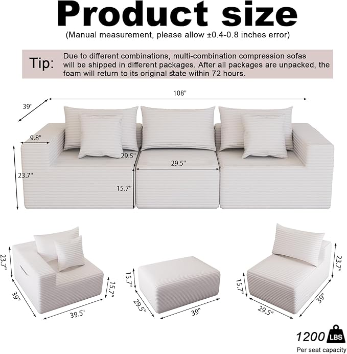 Modular Cloud Sectional Sofa Fluffy Comfy Boneless Couch with Deep Seatversized Convertible Sectional Sofa Couch for Living Room Bedroom Office Apartment (White 3 Seater)