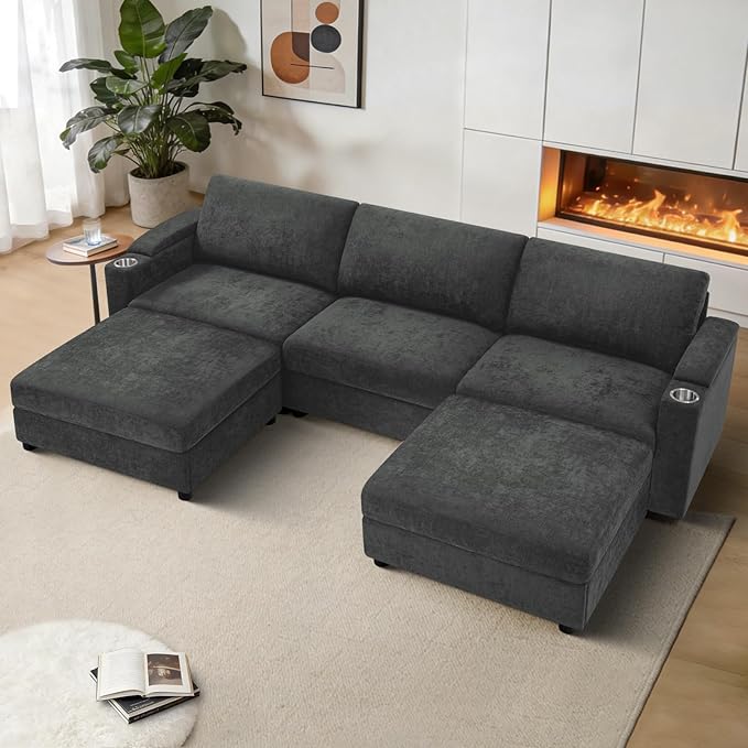 108'' Chenille Sectional Couch with Storage ArmrestsU Shaped Upholstered Sofa with 2 Movable Ottomans 5-Seat Modular Couch with Cup Holders for Living Room Grey