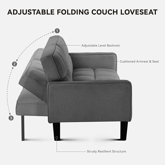 COMHOMA 76 inch Futon Sofa Bed Mid Century Modern Futon Couch with Adjustable Backrest Fabric Convertible Sofa Cama Folding Sleeper Sofa for Living Room Bedroom Dark Gray