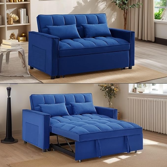 55 Convertible Full Size Sofa Bed 3 in 1 Velvet Sleeper Sofa with Pull-Out Bed Futon Couch with Adjustable Backrest and Side PocketModern Loveseat for Small SpacesLiving Room (Blue)