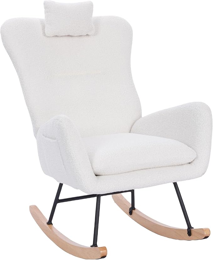 Upholstered Nursery Rocking Chair for Living Room BedroomWhite Teddy