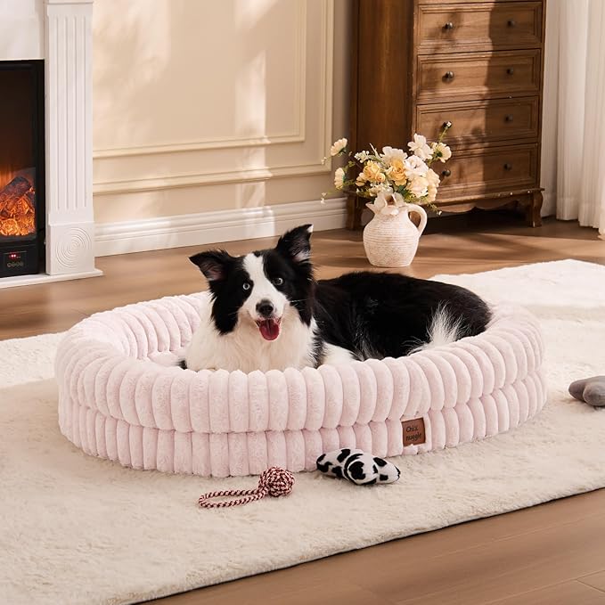 XL Dog Bed - Luxury Striped Faux Fur Waterproof Pet Couch with Removable Washable Cover Orthopedic Dog Bed with Bolster Sides for Sleeping Pink