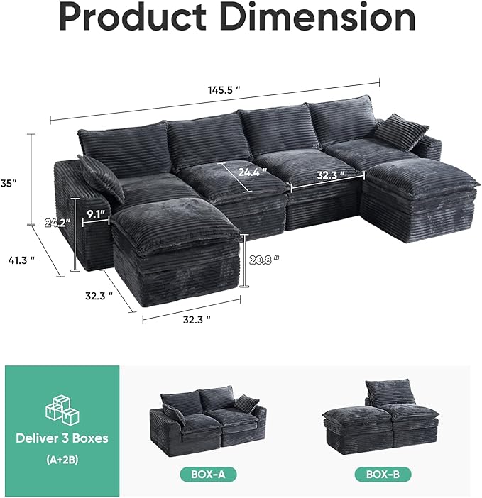 145 Cloud Sectional CouchOversized U Shaped Boneless Couch with OttomanDeep Seat Modular Sectional Sofa for Living Room with Side Pockets No AssemblyCorduroyGrey