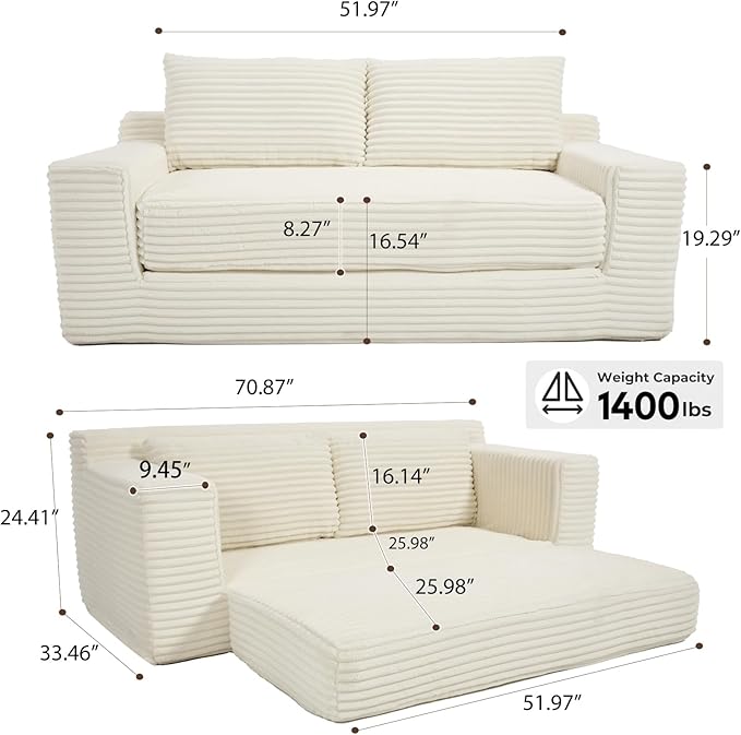 70.87 W Memory Foam Cloud Loveseat Sofa 2 in 1 Convertible Folding Couch Bed No Assembly Compressed Corduroy Floor Lounge Sofa for Apartment Office Bedroom Living Room Small Spaces