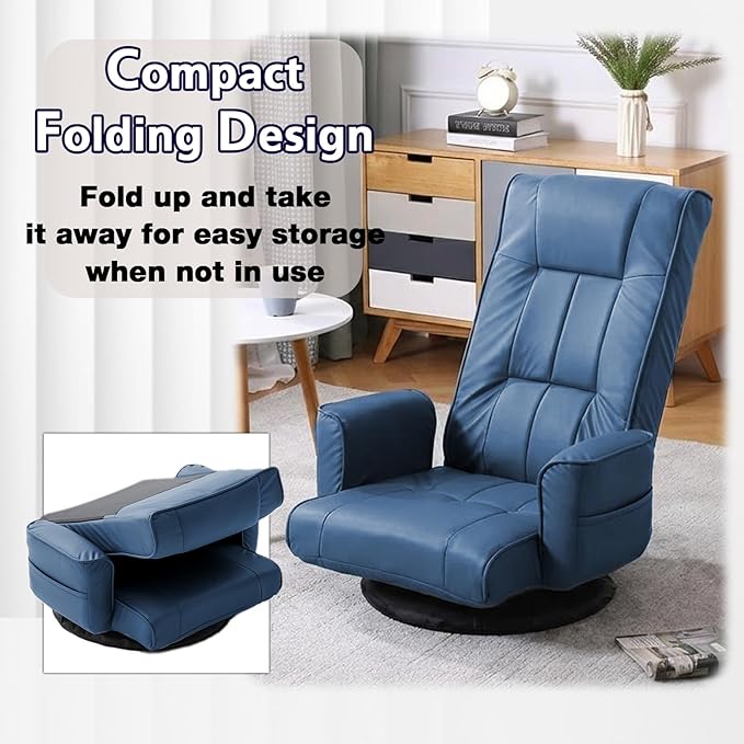 360 Degree Swivel Floor Chairs for Adults Faux Leather Gaming Floor Chair with Back Support 14 Angles Adjustable Comfortable Floor Lounge Chair Folding Video Game Chairs Office Bedroom