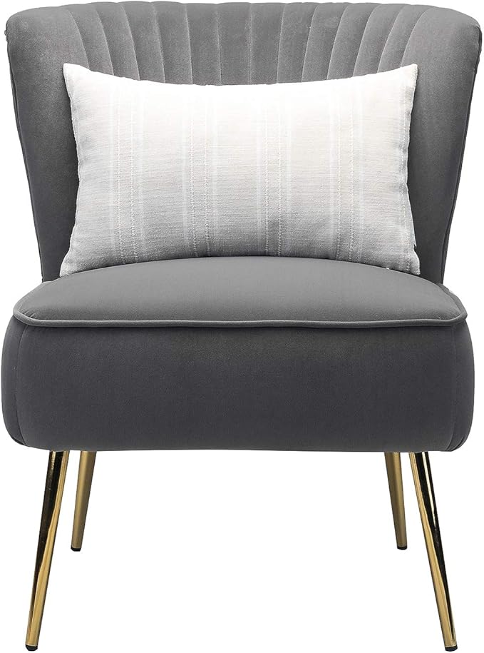 Tina's Home Velvet Armless Accent Chair Upholstered Modern Small Side Chair with Golden Legs Comfy Cute Wingback Slipper Chair for Living Room Study Beauty Room Thickly Padded(Grey)