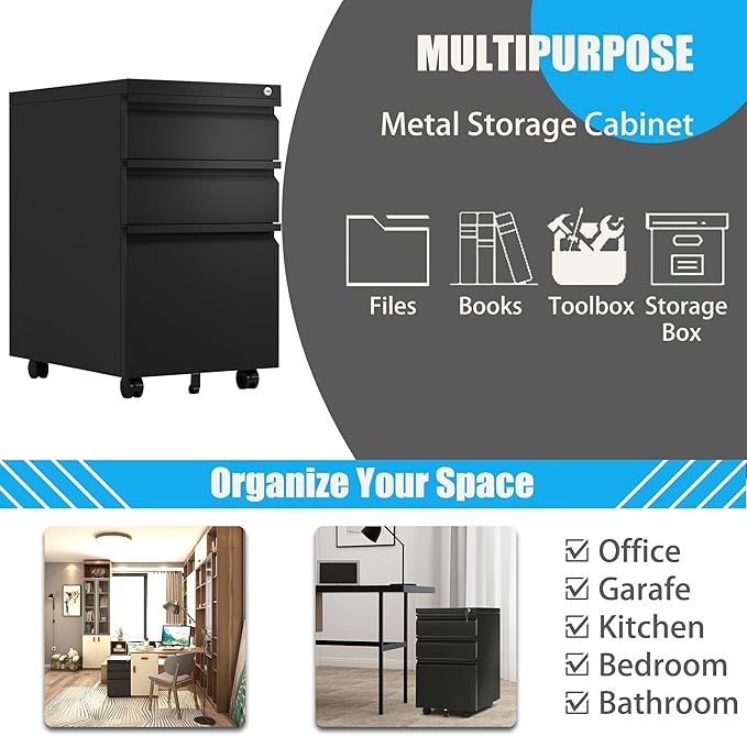 Locking Metal Pedestal Under Desk Metal Filing Cabinet Black Mobile 3 Drawers File Storage Cabinets with Wheel for Home Office Legal/Letter Size Fully Assembled Except Wheels