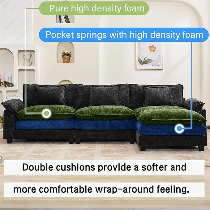 120 Modular Sectional Sofa Comfy Cloud Couch Sectional Sofa with Ottoman Chenille Sofa Sleeper Deep Seat Sofa with Throw Pillows for Living Room (Black 120- L Shape)