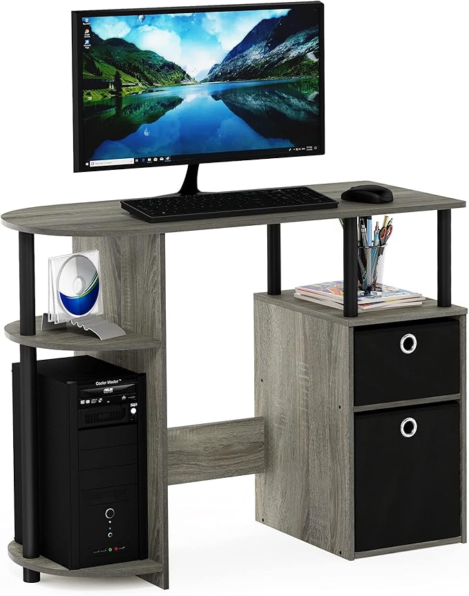 Furinno JAYA Desk 38.4 Wide Gaming Desk with Bin Drawers Computer Desk with Side Shelf Office Desk for Study Home Office Bedroom Dorm Study Room French Oak