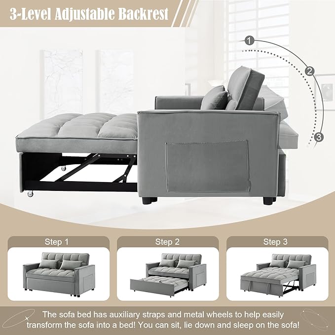 3 in 1 Convertible Sleeper Sofa Couch with Pull Out Bed55 Velvet Upholstered Futon Sofa BedModern Loveseat Sleeper Chaise with Adjustable Backrest for Living Room Guest Room Apartment(Grey)