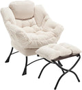 Lazy Chair with Ottoman Modern Lounge Accent Chair with Armrests and a Side Pocket Leisure Upholstered Sofa Chair Reading Chair with Footrest for Small Space Corner Chair (White)