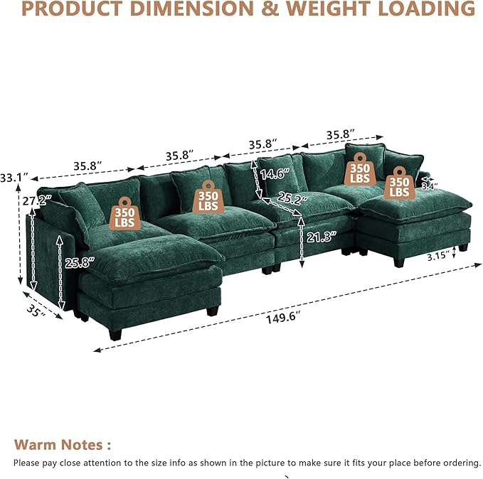 Aoowow Chenille U Shaped Sofas with Deep SeatModular Sectional 4 Seater Cloud Couch with Ottoman Set for Living Room149.6 Fluffy U-Shaped Corner Couches with Chaise Lounges (Green 4+2)