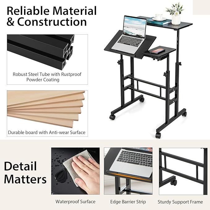 Tangkula Mobile Stand Up Desk Height Adjustable Home Office Desk with Standing &amp Seating 2 Modes Tilting Tabletop &amp Flexible Wheels Rolling Laptop Cart Sit Stand Desk (Black)