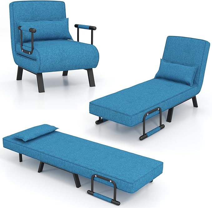 MAT EXPERT Convertible Sleeper Chair with Pillow 4-in-1 Modern Folding Chair Bed with 6-Level Adjustable Backrest Single Comfy Couch Bed for Living Room Office Balcony Apartment (Blue)