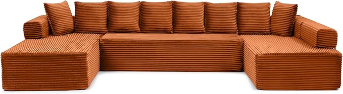 145 inch Modern Sectional Couch for Living Room Oversized Cloud Boneless Couch with Freely Movable Armrest and Fixed-Shape Frame Orange Modular Sofa U Shape Couches | No Assembly Required Free Comb