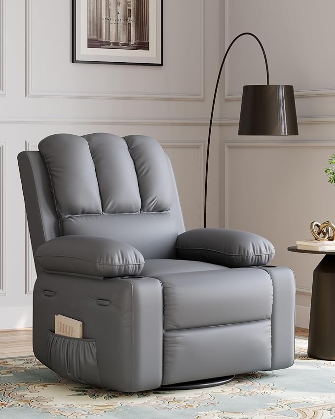 22 in Leather Recliner Chair for Adults Overstuffed Manual Recliner Chair Single Sofa with Cup Holder and Side Pockets Upholstered Chair for Living Rooms Gray