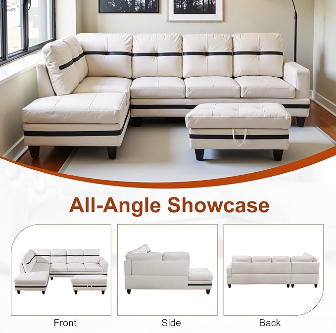 L Shaped Couch PU Leather Sectional Couches for Living Room 3 Pieces Modular Sectional Sofa with Chaise Ottoman with Storage for Living Room and Small Apartment White and Black
