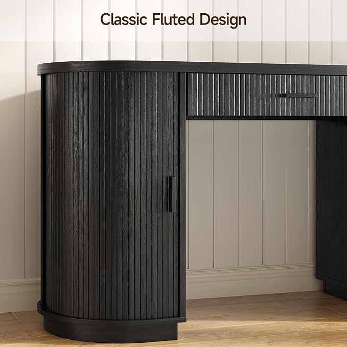 ONBRILL 58 Inch Fluted Executive Desk Computer Desk with Storage Drawers &amp File Drawer Modern Home Office Desk with Charging Station for Working Studying Writing Black