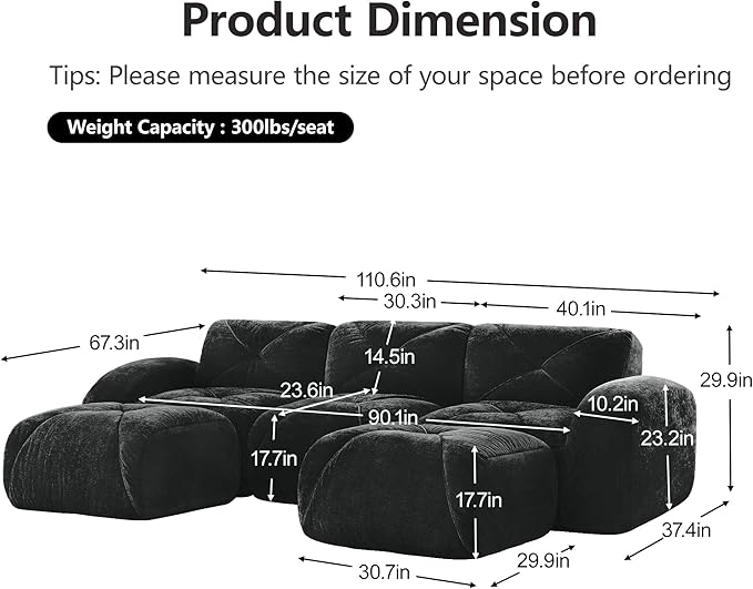 110-Inch Cloud Sectional Couches U-Shaped 5 Seat Boneless Modular Sofa with Ottomans Velvet Tufted Upholstered Boneless Couch Floor Full Foam Sofas for Living Room