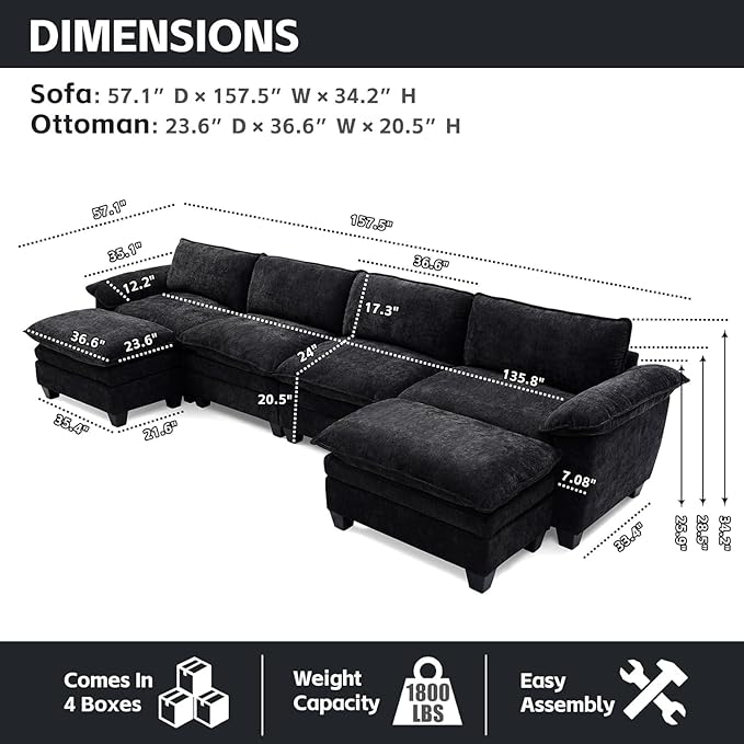 mestyl Modular Sectional Sofa Comfy Cloud Couch U Shaped 4 Deep Seat Sofa Couch with 2 Ottoman 157 Oversized Soft Modern Couches Set for Living Room Chenille Black MT001