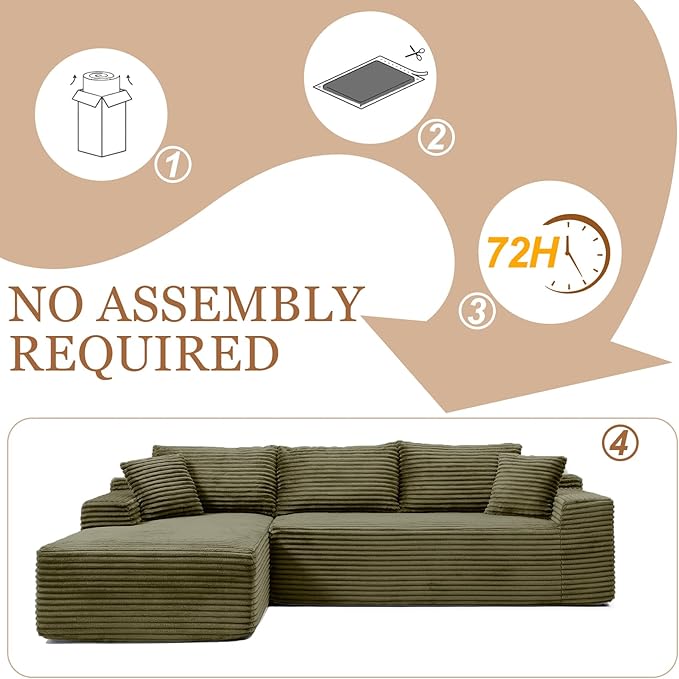 108 Cloud Modular Sectional Couch Modern Boneless Couch with L-Shape Chaise Deep Seat Sectional Sofa Corduroy Corner Couches for Living RoomNo Assembly Required (Green Left Facing Chaise)