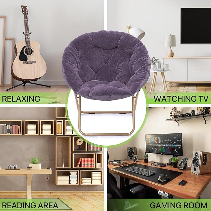Magshion Folding Saucer Chair for Adults with Ottoman Circle Reading Chair for Bedroom Living Room &amp Dorm Furry Comfy Accent Seat with Metal Leg &amp Thick Padded for Small Spaces (Purple 2 P