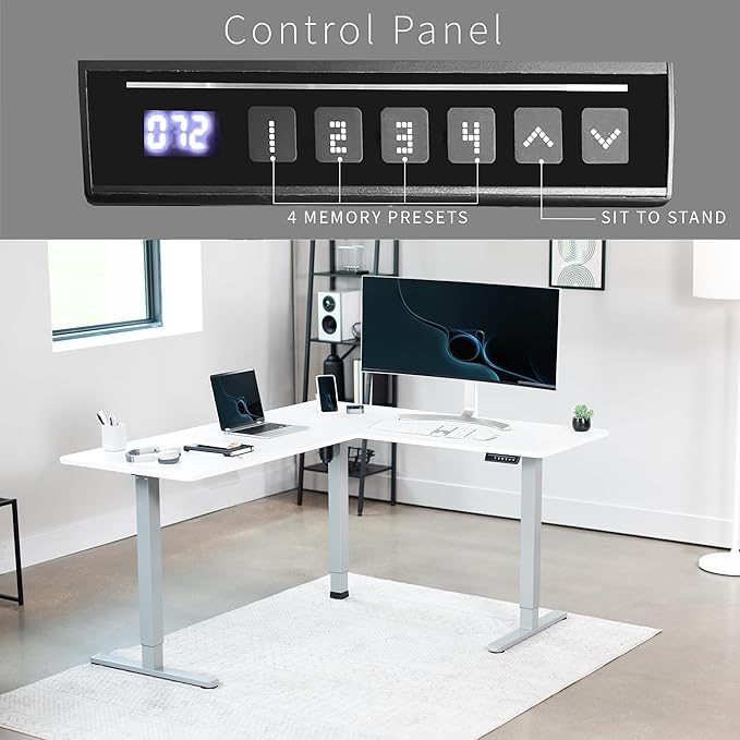 VIVO Corner Standing Desk 63 x 55 inch Reversible L-Shaped Workstation Electric Height Adjustment Home Office and Reception Rooms White Table Top Gray Frame DESK-E3CTGW