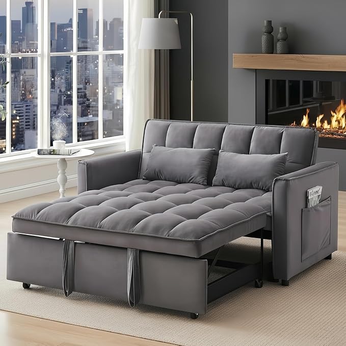 3 in 1 Folding Convertible Sofa Bed 55'' Pull Out Couch Bed with Side Pocket Velvet Fabric Loveseat Sleeper Sofa with Adjustable Backrest Easy AssemblyPerfect for Living Room Grey