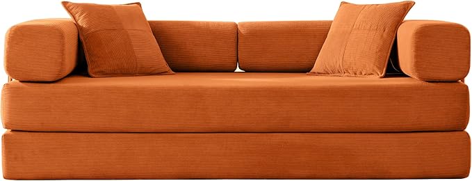 Folding Sofa Bed Convertible Sleeper Sofa Bed with Gold Fixed-Shape Frame Corduroy Floor Couch Lazy Compression Sofa for Living Room Bedroom Home Theater Orange