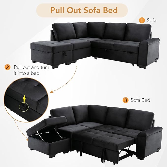 Flieks L-Shape Sleeper Sectional Sofa Bed with Storage Ottoman &amp Hidden Arm Storage 85Inch Sectional Corner Couch Sofa-Bed for Living Room Apartment