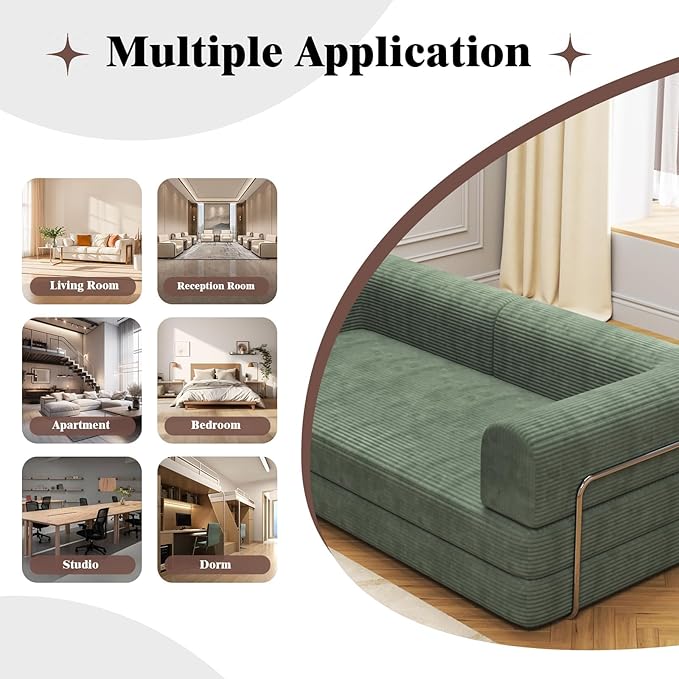 Convertible Corduroy Sleeper Sofa BedFolding Mattress Couch with Fixed-Shape Frame 3 Seater Fold Out King Size FutonNo Assembly Floor Couch for Living Room Dorm Studio 78.7*39.4*29.6 Inch Green