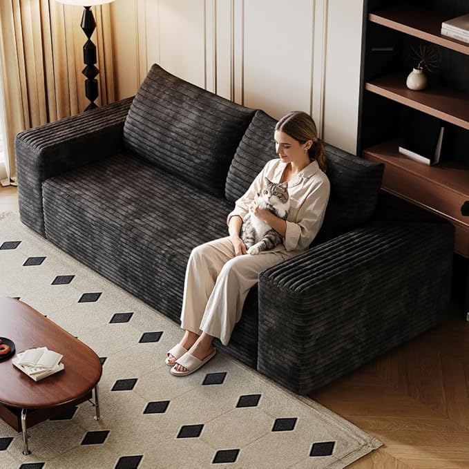 71 Cloud Compressed Sofa Corduroy Fabric Loveseat Deep 3 Seat Boneless Couch No Assembly for Living Room Bedroom Conference Room Apartment (Black-71)