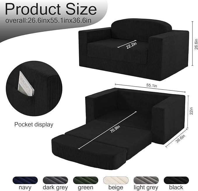 MeMoreCool Convertible Sofa Bed Pull Out Loveseat Sleeper Sofa Small Boneless Cloud Couch Bed for Adults Fold Out Foam Love Seat Black Corduroy Folding Floor Couch for Bedroom