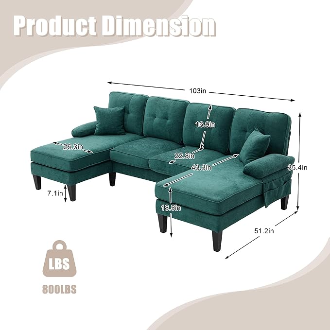 100'' U-Shaped Sectional Sofa with Double Chaise Minimalist 4-Seater Couch with 2 Pillows Sofa Set with Arm &amp 2 Side Pocket for Living Room Apartment (Green)
