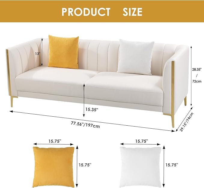 FOTOSOK White Leather Couch Sofa Office Couches 78'' Apartment Faux Leather Sofa with 2 Throw Pillows &amp Gold Metal Legs Waterproof 3 Seater Couches for Small Living Room Luxury Cloud Sofa