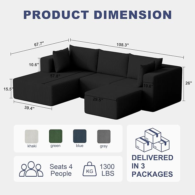 108 Boneless Couches for Living Room Modular Cloud Couch Sofa - 4 Pieces U Shap Corduroy Sectional Sofa Fluffy Memory Foam Sleeper Sofa Furniture No Assembly Wide Armrest Black