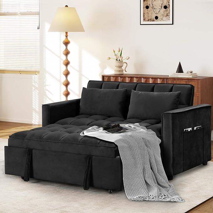 ANJ 3 in 1 Convertible Sofa Bed Pull Out Futon Loveseat Sleeper Sofa Couch with Adjustable Backrest Storage Pockets 2 Pillows for Living Room Bedroom