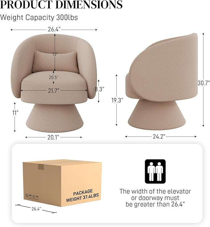 Swivel Barrel Chair Set of 2 Upholstered Swivel Cuddle Accent Chairs for Living Room Comfy 360 Degree Modern Small Round Armchair for Bedroom Office (Brown Chenille)