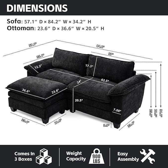 mestyl Modular Loveseat Sectional Sofa Comfy Cloud Couch L Shaped 2 Deep Seat Sofa Couch with Ottoman 84 Soft Love Seat Modern Couches Set for Living Room Bedroom Chenille Black MT001