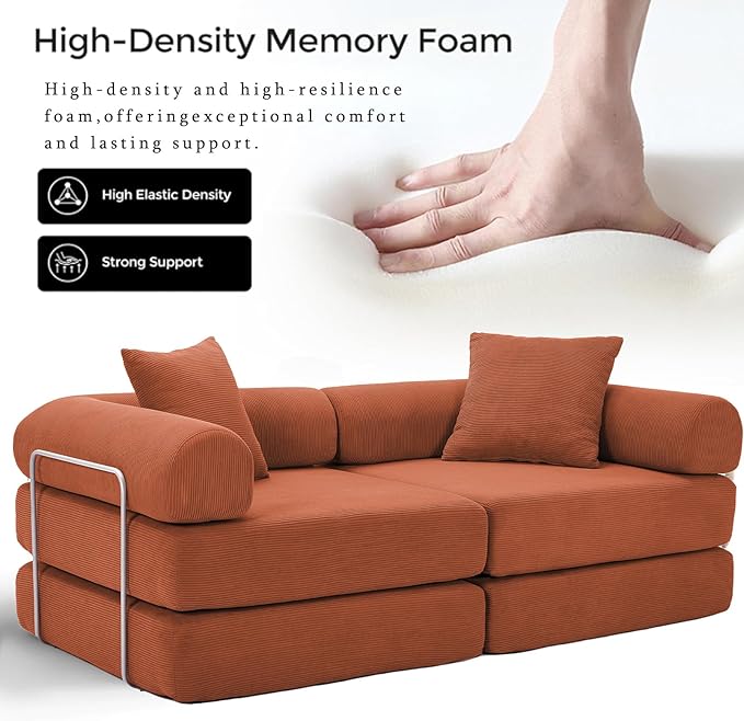 73 Convertible Modular Folding Sofa Bed 5-in-1 DIY Combination Fold Out Sleeper Sofa Bed Loveseat sleeper Couch with Removable Armrests Corduroy Floor Couch Small couches for small spaces Orange