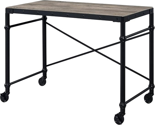 Rustic Oak and Black Writing Work Study Desk with Wheels Rectangle Wooden Top for Home Office Industrial-Style