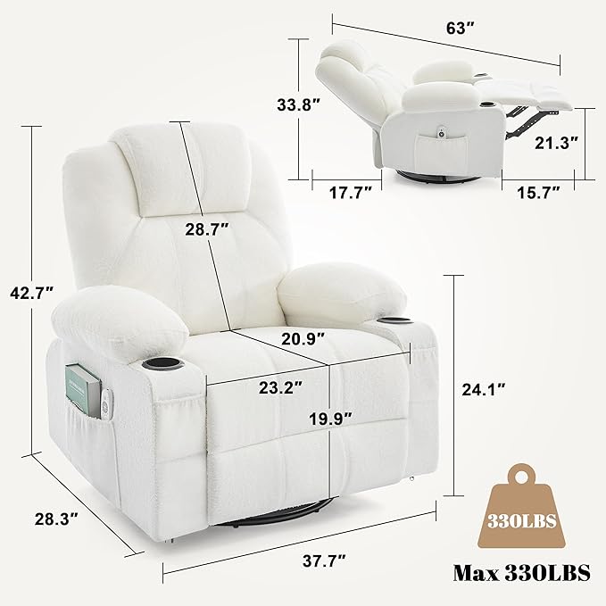 Swivel Rocker Recliner Chair with Heat and Massage Big Oversized Rocking Single Sofa for Living Room 360 Degree Swivel Recliner Chair with Cup Holders and USB Port (Teddy White)